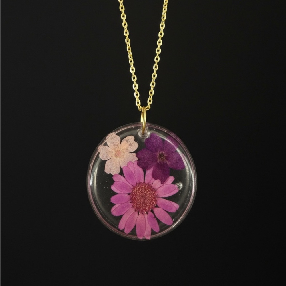 Handmade 18k Gold Plated Floral Resin Necklace | Purple/Pink